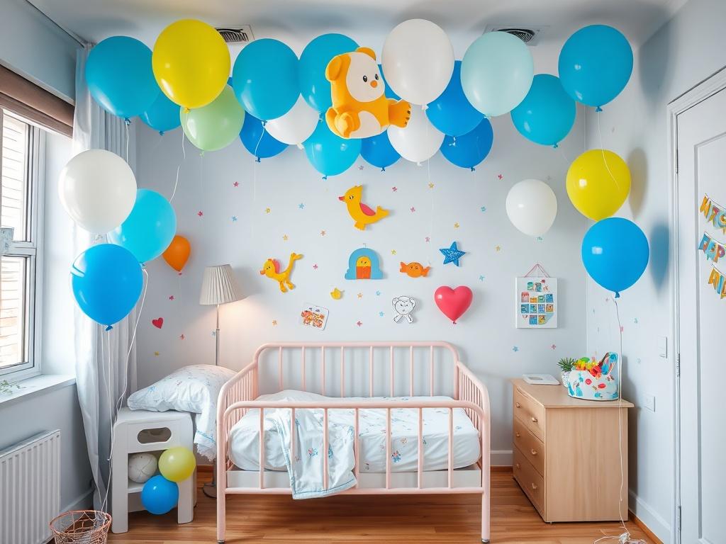 Decorations of the children's room with balloons for discharge from the maternity hospitalфото
